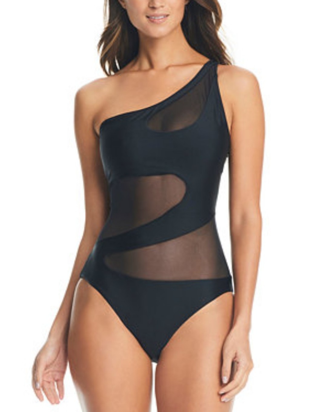 Bar Iii - Women's Black One-Shoulder Mesh Accent Swimsuit